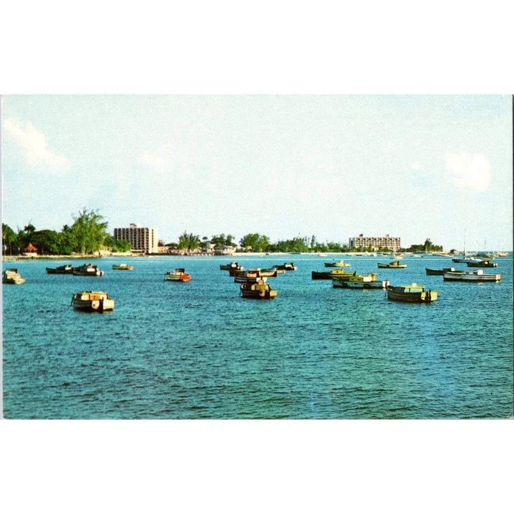 Vintage‎ Barbados Carlisle Bay Fishing Fleet Postcard with Hotels